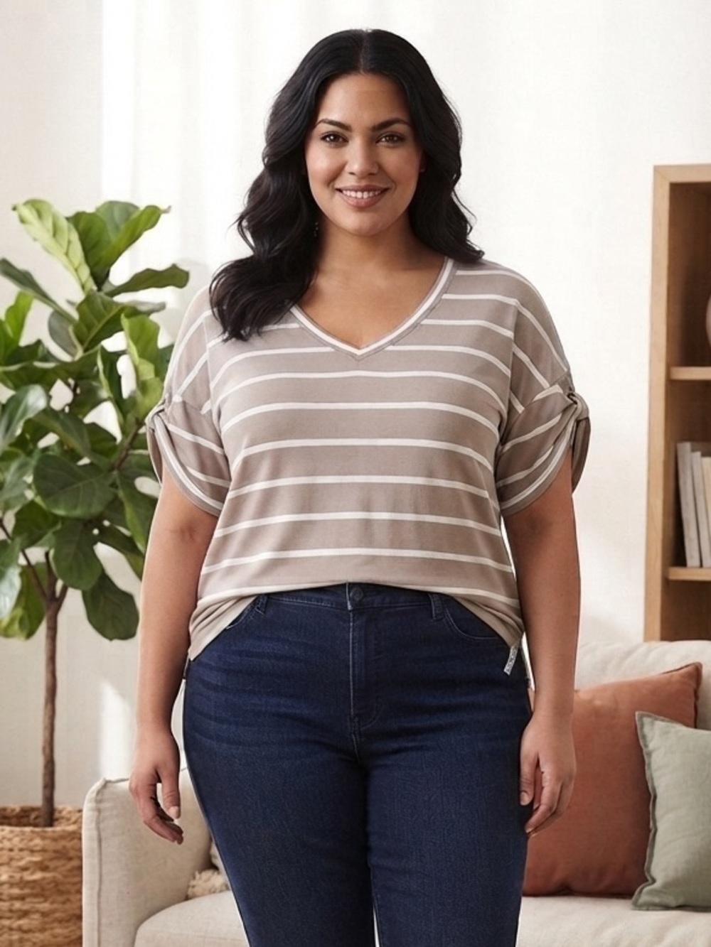 Zenana Striped Taupe V-Neck Knot Sleeve Top